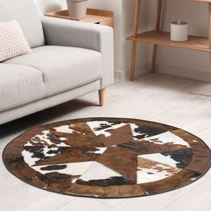 Round Tricolor Cowhide Rug – Patchwork Hair on Hide Rug – Western Rustic Decor