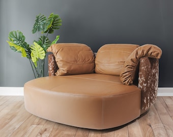 Swivel Loveseat Sofa with Hair on Cowhide Accents - Brown