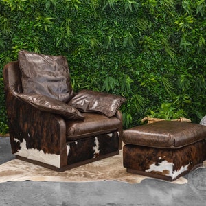 Leather Armchair & Ottoman Set – Rustic Elegance with Cowhide Accents