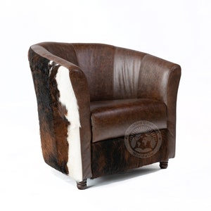 Leather Barrel Chair with Hair On Cowhide Accents - Coffee