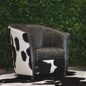 Premium Leather Barrel Chair with Hair On Cowhide Accents - Western Style