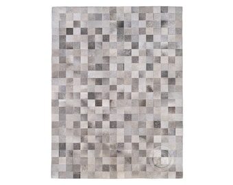 Cowhide Patchwork Rug, Squares - Grey Tones - Handcrafted Patchwork Leather Carpet