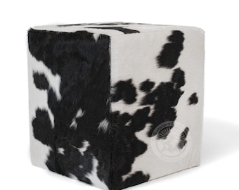 Cowhide Pouf Footstool - Ottoman - Leather Pouf - 18x18x19''