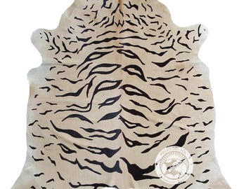 Tiger Animal Print Cowhide Rug - Natural Real Leather – Soft Area Rug  - 6x7-8' XXL