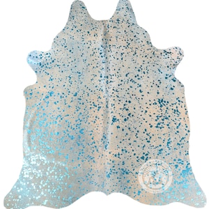 Cowhide Rug Metallic Turquoise on Off-White