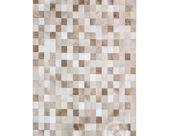 Cowhide Patchwork Rug - Squares Design - Handmade Leather Area Rug
