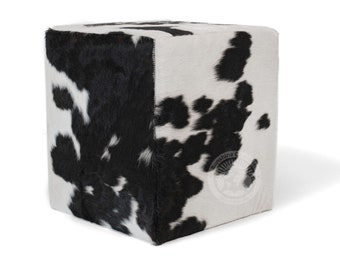 Cowhide Pouf Footstool - Ottoman - Black and White Pouf - 18x18x19''