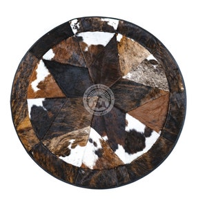 Round Cowhide Patchwork Rug – Star Design – Western Ranch Decor