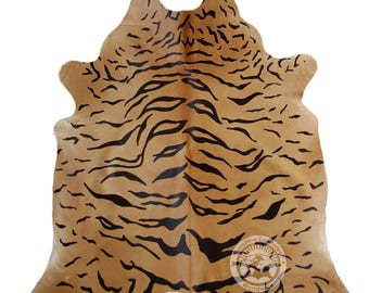 Tiger Print Cowhide Rug - Brazilian Leather  Hide - Animal Print - Eclectic Home Decor (6x7-8')