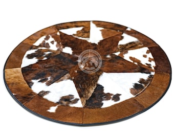 Tapete redondo patchwork - Tapete tricolor de couro de vaca - Decoração estilo faroeste