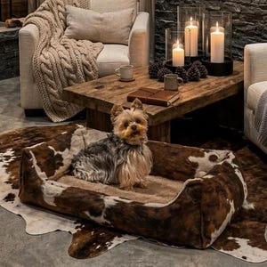 Cozy Cowhide Dog Bed for Small Dogs, Cute Indoor Pet Bed, Stylish Dog Bed for Home, Western Rustic Pet Decor, Soft Puppy Bed