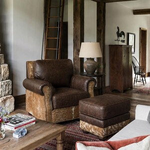 Western Leather Armchair Ottoman | Brown Cowhide Furniture Lounge Chair image 3
