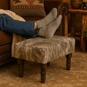 Cowhide Footstool with Wooden Legs, Brindle Light – Natural Hair-on-Hide - 28x18x18" image 2