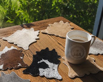 Cowhide Hide Shape Coasters | Genuine Leather Drink Coasters | Western Home Decor | Rustic Wedding Favor | Housewarming Gift