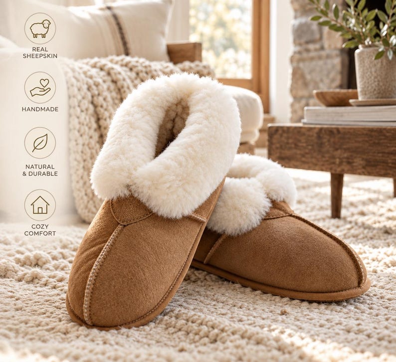 K&ouml;nnte beinhalten: Ein Paar beigefarbene Wildleder-Hausschuhe mit dickem, wei&szlig;em Lammfellfutter und Umschlag. Das Bild enth&auml;lt Textsymbole mit den Bezeichnungen Real Sheepskin, Handmade, Natural & Durable und Cozy Comfort, die die Merkmale dieser Hausschuhe hervorheben.