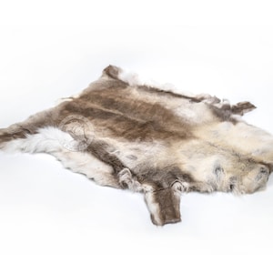May include: A reindeer hide rug in natural shades of brown, grey, and white. The fur is thick and soft, with variations in tone and texture. The hide is irregularly shaped, with a natural edge.