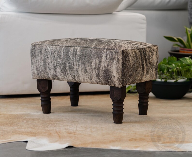 Cowhide Footstool with Wooden Legs, Brindle Light – Natural Hair-on-Hide - 28x18x18" image 3