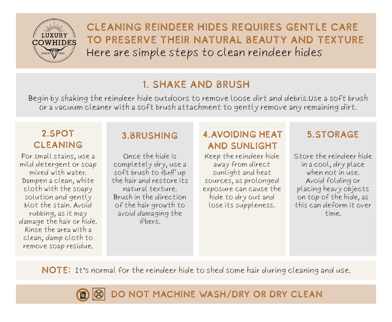 May include: A guide detailing how to clean reindeer hides, with steps including shaking, brushing, spot cleaning, avoiding heat and sunlight, and storage. The text also advises against machine washing or dry cleaning the hide.
