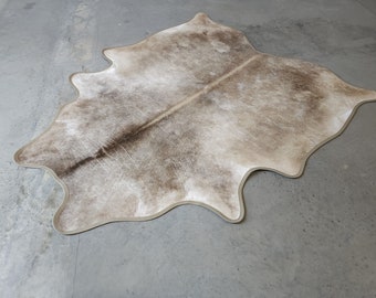 Genuine Leather Binding Cowhide Rug, Taupe - Size 6.1X7.4 FT - Premium Hide