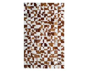 Patchwork Rug - Cowhide Brown and White - Squares Design - Leather Carpet