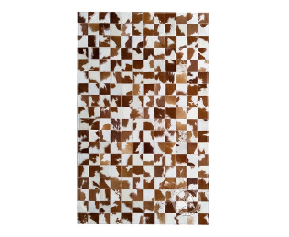 パッチワークラグ - 牛革 ブラウン＆ホワイト - スクエアデザイン