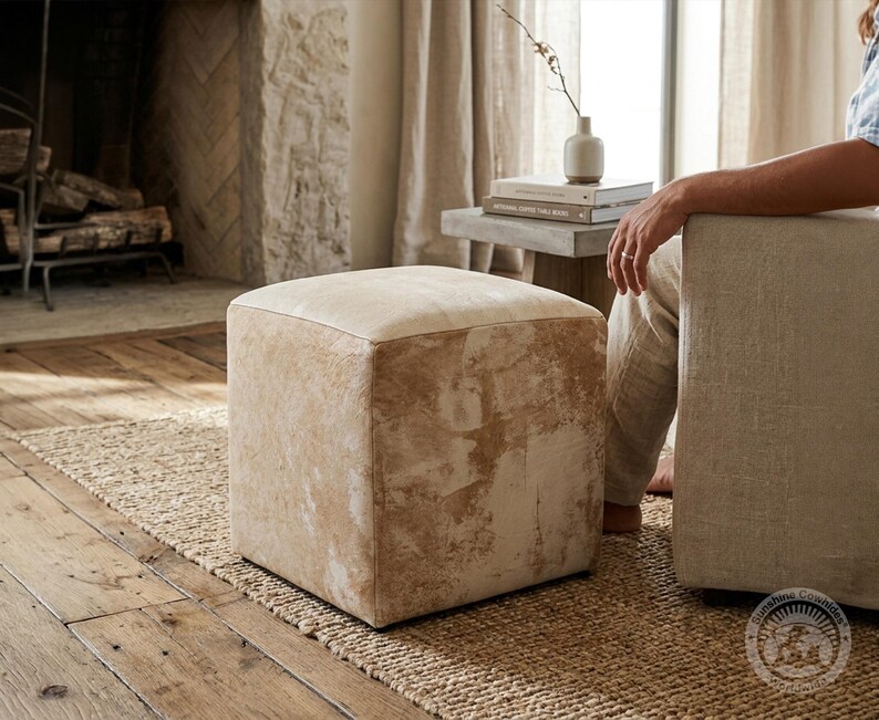 Real Leather Ottoman Pouf – Handmade Leather Footstool, Western Rustic Decor - Size 18x18x19'' image 7