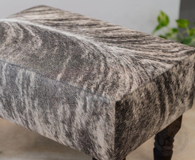 Cowhide Footstool with Wooden Legs, Brindle Light – Natural Hair-on-Hide - 28x18x18" image 4