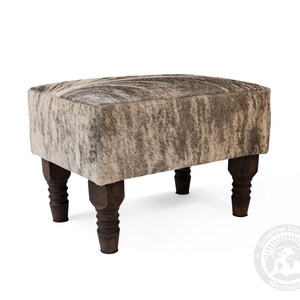Real Cowhide Ottoman Footstool with Wooden Legs – 28x18x18" Brindle Light