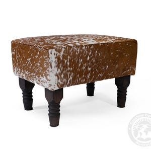 Real Cowhide Ottoman Footstool with Wooden Legs – 28x18x18" Speckled Brown