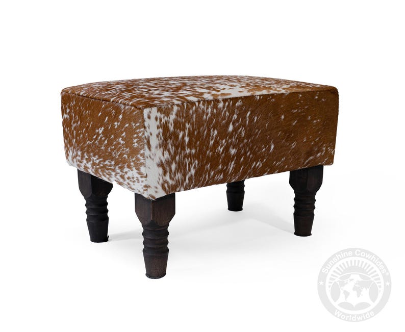 Real Cowhide Ottoman Footstool with Wooden Legs – 28x18x18" Speckled Brown