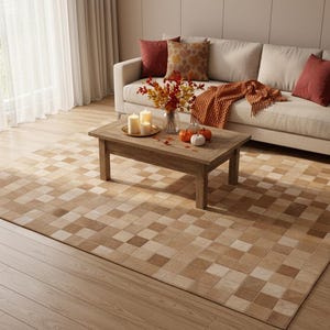 Real Cowhide Patchwork Rug, Beige Leather Tiles