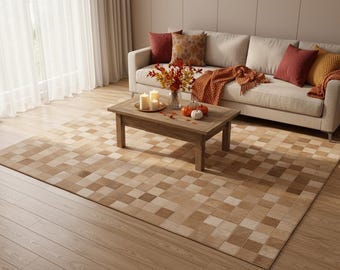 Real Cowhide Patchwork Rug, Beige Leather Tiles