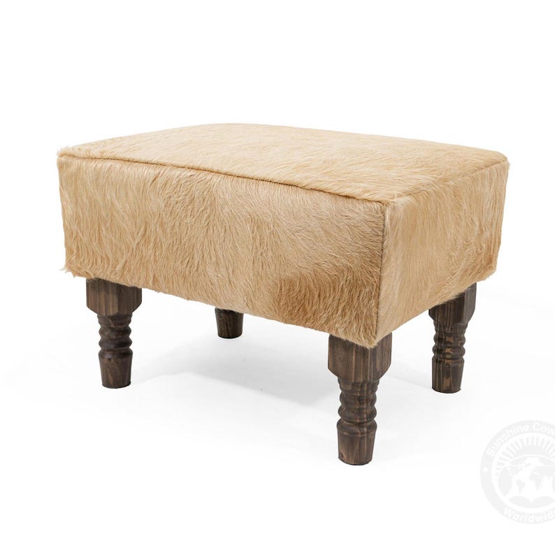 Real Cowhide Ottoman Footstool with Wooden Legs – 28x18x18" Beige