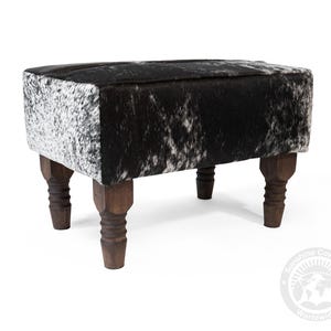 Real Cowhide Ottoman Footstool with Wooden Legs – 28x18x18" Speckled Black