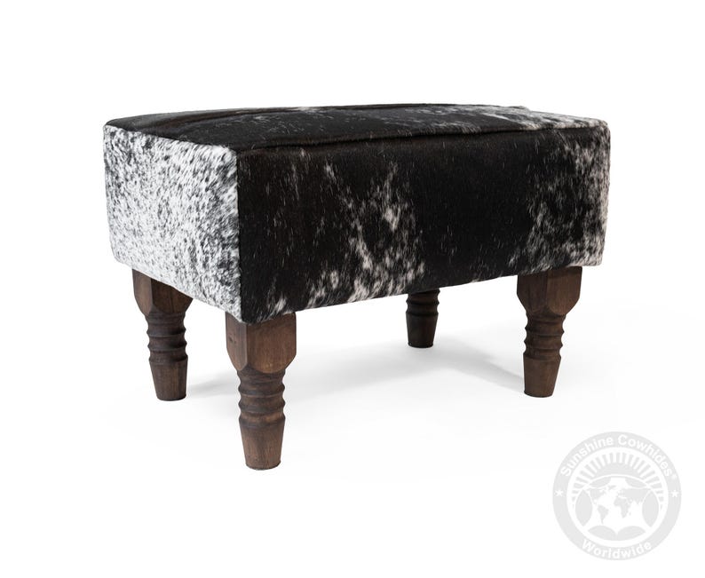 Real Cowhide Ottoman Footstool with Wooden Legs – 28x18x18" Speckled Black