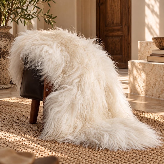 Real Icelandic Sheepskin Rug – White Long Hair Pelt, Ethically Sourced