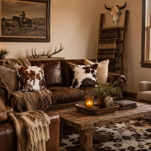 May include: A brown leather sofa with cowhide print throw pillows, a wooden coffee table with a lit candle in a glass holder, a ceramic vase with greenery, and a cowhide rug. The room features a wooden ladder with a blanket and a wall art print.