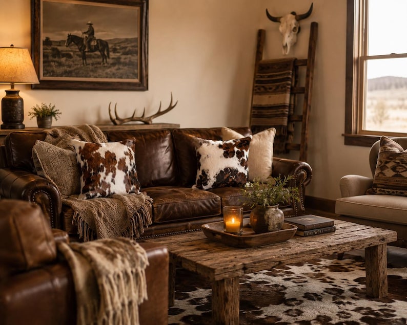 May include: A brown leather sofa with cowhide print throw pillows, a wooden coffee table with a lit candle in a glass holder, a ceramic vase with greenery, and a cowhide rug. The room features a wooden ladder with a blanket and a wall art print.