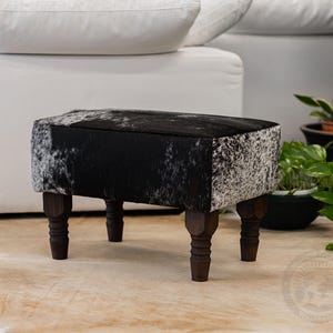 Cowhide Footstool with Wooden Legs, Brindle Light – Natural Hair-on-Hide - 28x18x18" Speckled Black