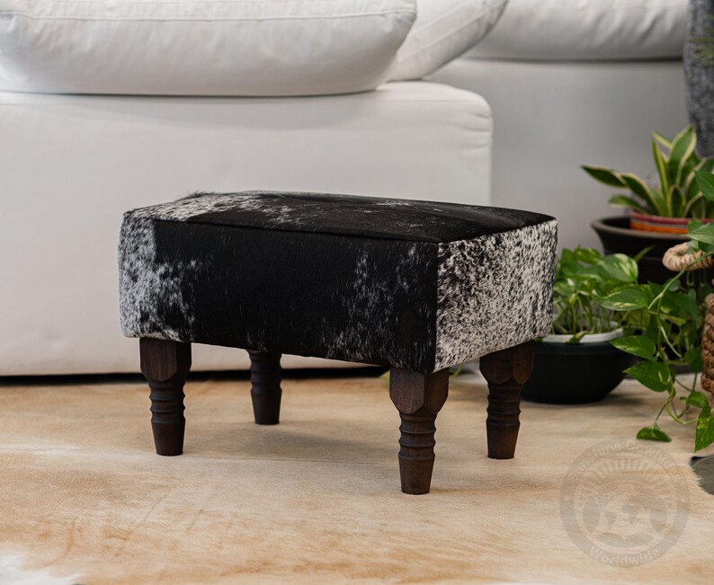 Cowhide Footstool with Wooden Legs, Brindle Light – Natural Hair-on-Hide - 28x18x18" Speckled Black
