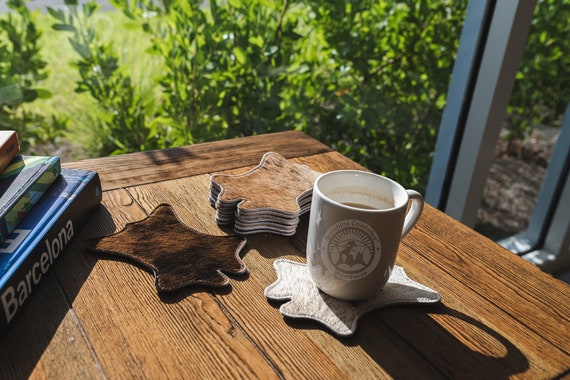 Cowhide Coasters: Hide Shape Drink Coasters, Western Table Decor, Natural Leather Coasters, Rustic Coffee Table, Unique Cowhide