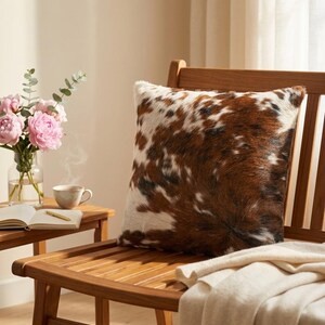 May include: A square throw pillow featuring a cowhide pattern with patches of brown, white, and black fur. The pillow has a textured, natural hair-on-hide appearance with a multi-tonal color palette distributed across the entire front surface.