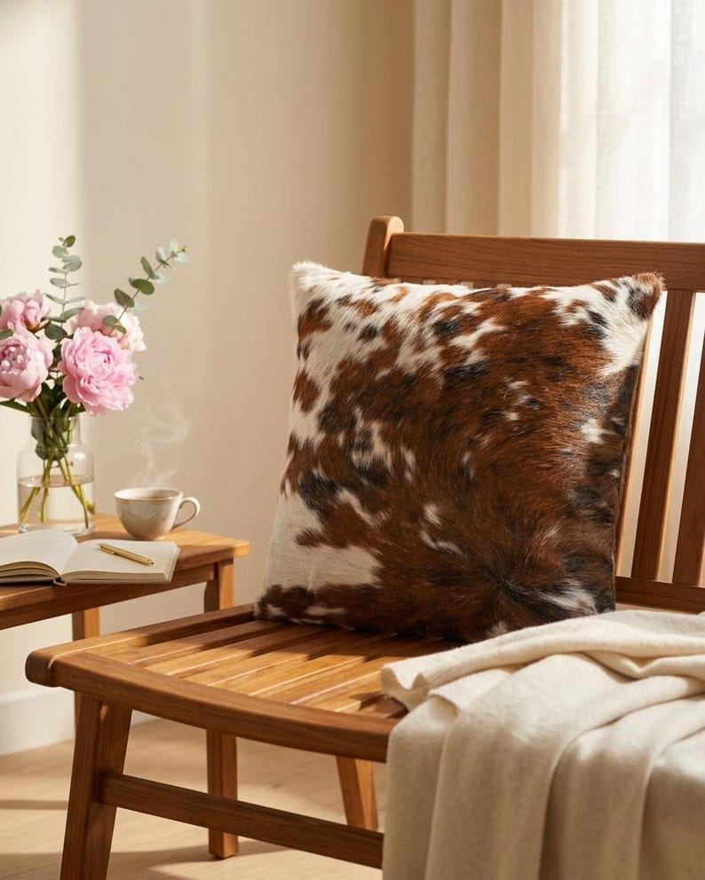 May include: A square throw pillow featuring a cowhide pattern with patches of brown, white, and black fur. The pillow has a textured, natural hair-on-hide appearance with a multi-tonal color palette distributed across the entire front surface.