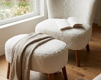 White Sheepskin Lounge Chair Ottoman Set | Modern Farmhouse Accent Reading Chair