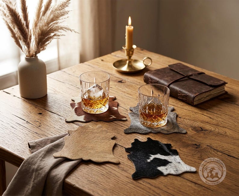 Untersetzer in Kuhfellform | Getränkeuntersetzer aus echtem Leder | Western-Deko | Rustikales Gastgeschenk für Hochzeiten | Einzugsgeschenk Bild 4
