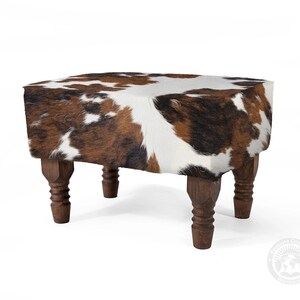 Real Cowhide Ottoman Footstool with Wooden Legs – 28x18x18" Tricolor