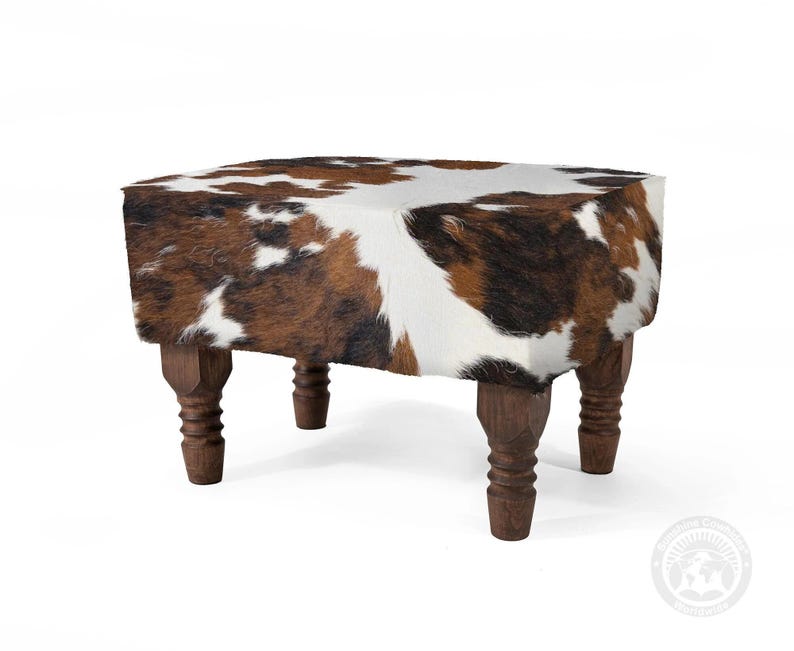 Real Cowhide Ottoman Footstool with Wooden Legs – 28x18x18" Tricolor