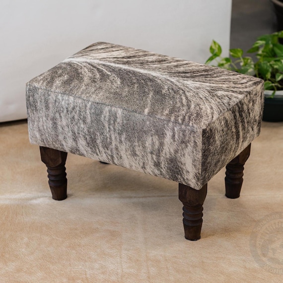 Cowhide Footstool with Wooden Legs, Brindle Light – Natural Hair-on-Hide - 28x18x18"