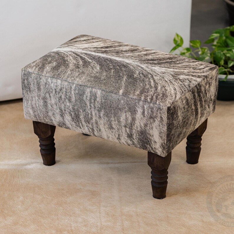 Cowhide Footstool with Wooden Legs, Brindle Light – Natural Hair-on-Hide - 28x18x18" Brindle Light