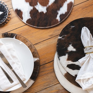 Cowhide Round Placemat, Tricolor - Western Decoration / Table Decor - 13" Diameter image 8